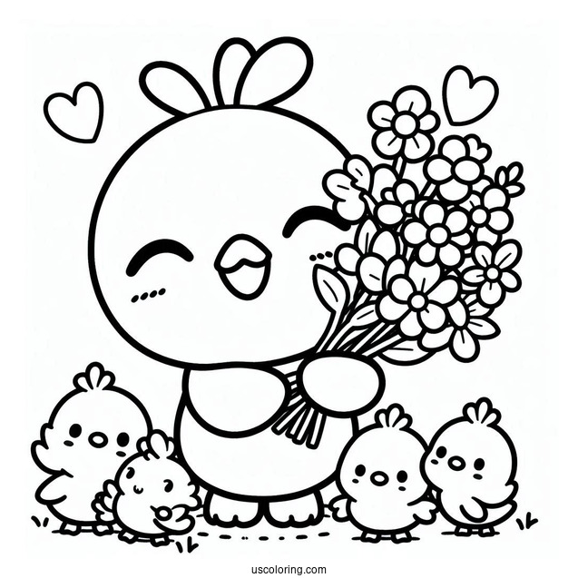 Easy Pochacco Coloring Page Holding Flower Bouquet With Choppy And Chicks