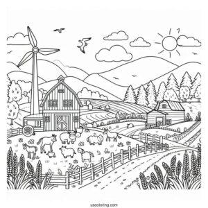 Coloring Page Of a Farm With Fields And Animals
