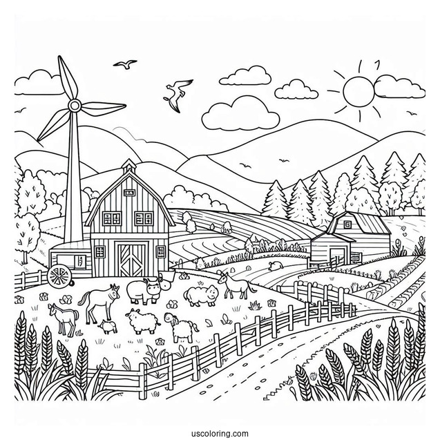 Coloring Page Of a Farm With Fields And Animals