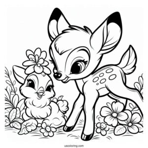 Coloring Sheet Of Bambi With Thumper And Flower