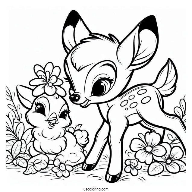 Coloring Sheet Of Bambi With Thumper And Flower