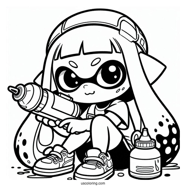 Splatoon Coloring Page Of Kawaii Inkling Girl Crouching While Holding Inkjet