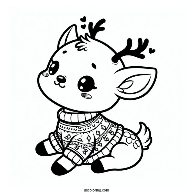 Baby Reindeer Wearing a Christmas Sweater To Color