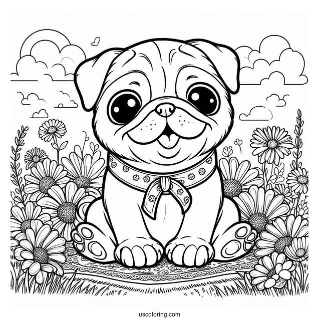 Coloring Sheet Of a Pug In Field Of Flowers
