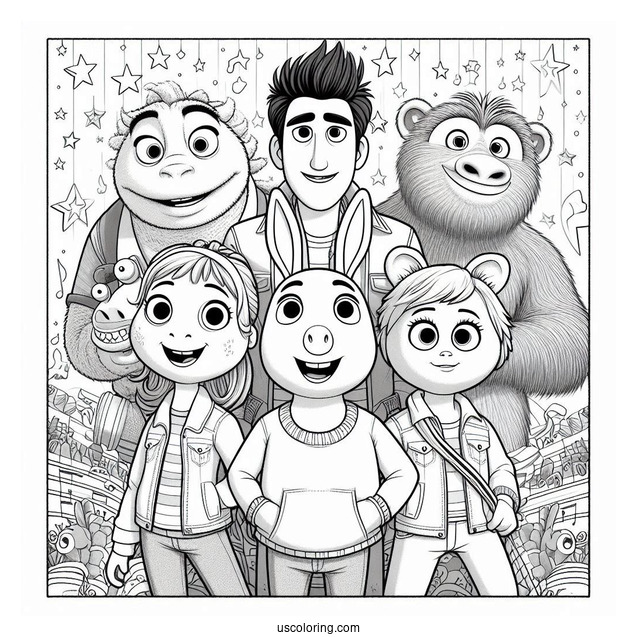 Sing Coloring Page Of Gunter, Rosita, Buster Moon, Johnny, Ash, And Meena In Sing Poster