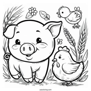 Detailed Pig And Chicken Coloring Sheet