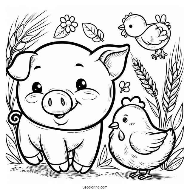 Detailed Pig And Chicken Coloring Sheet
