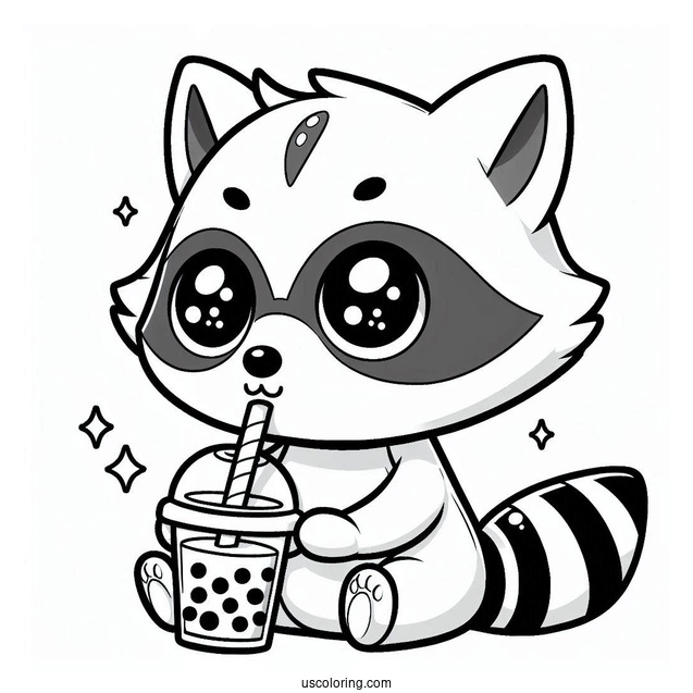 Chibi Raccoon Coloring Page Drinking Boba Tea For Kids