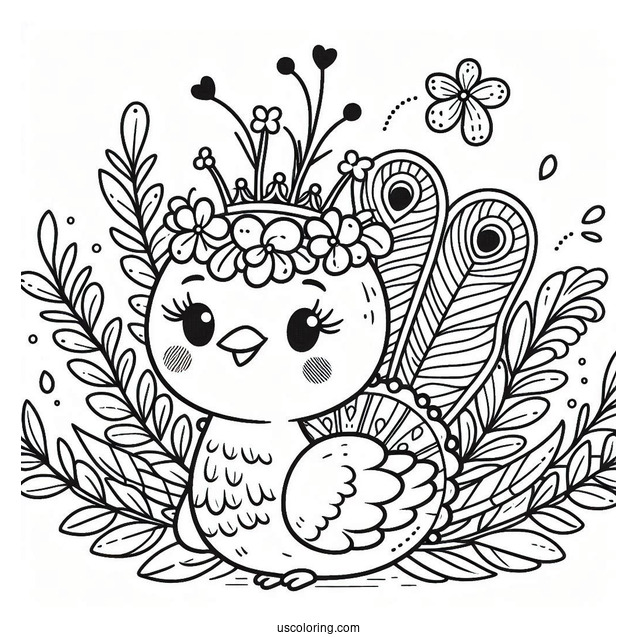 Smiling Cartoon Peacock Coloring Page with Floral Crown and Fanned Feathers For Kids