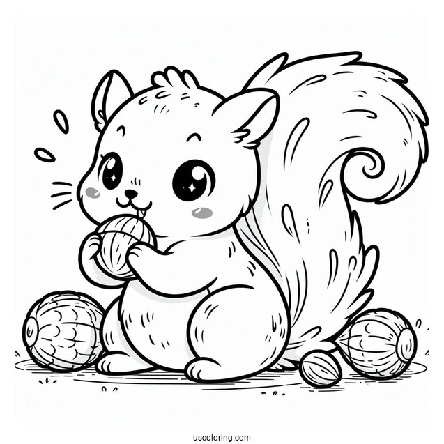 Kawaii Fluffy Squirrel Coloring Page Chewing On Nut