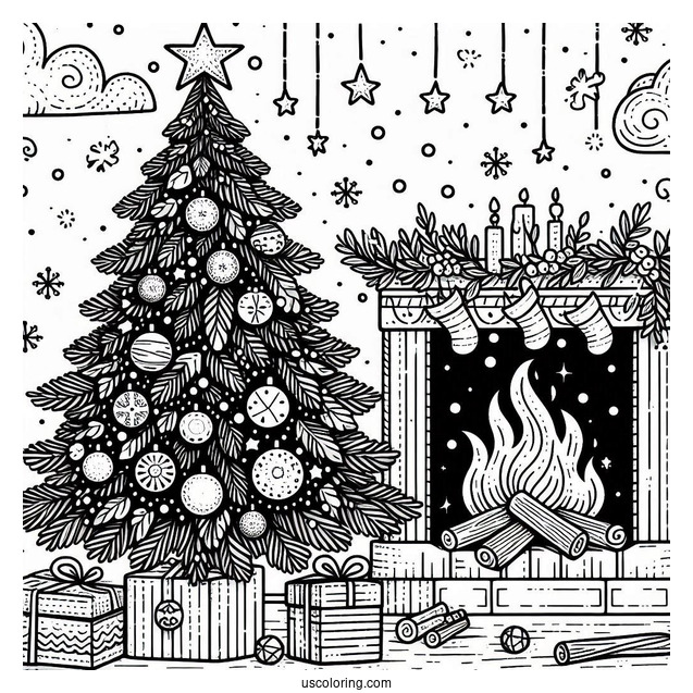 Christmas Tree With Star Next To Fire Place