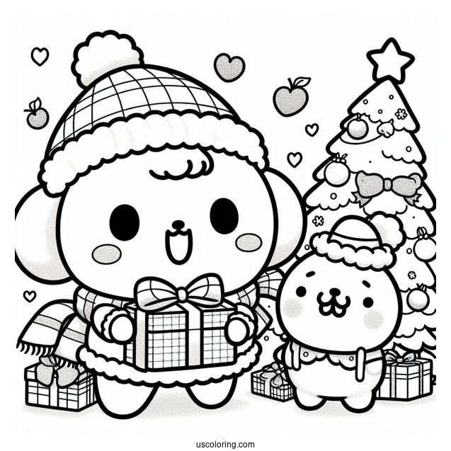 Pompompurin And Scone Holding Christmas Presents Coloring Page