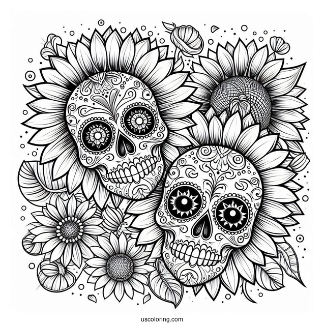 Sunflower Themed Sugar Skulls Coloring Page With Floral Background