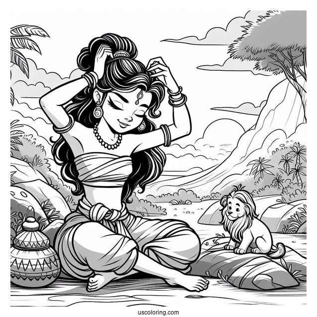 Jungle Book Coloring Page Of Shanti Fixing Her Hair While Sitting On Rock