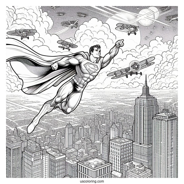 Superman Flying Over Buildings Coloring