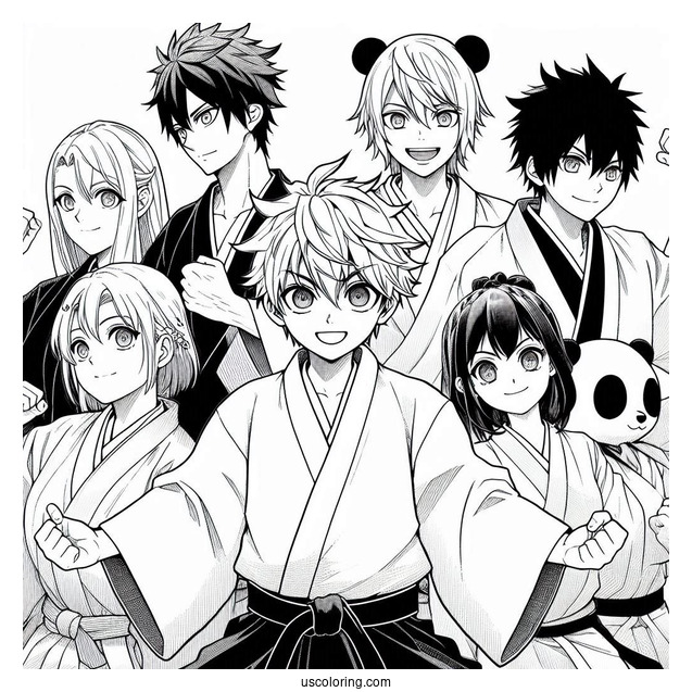 Manga Coloring Page Of Jujutsu Kaisen With Yuji, Nobara, Megumi, Gojo, Sukuna, Panda, Inumaki, And Maki