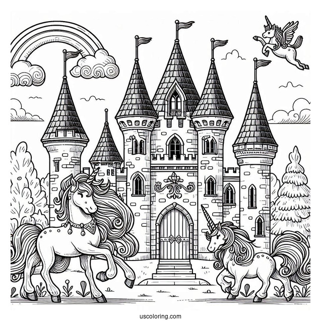 Unicorns Strolling Outside A Beautiful Castle Coloring Page