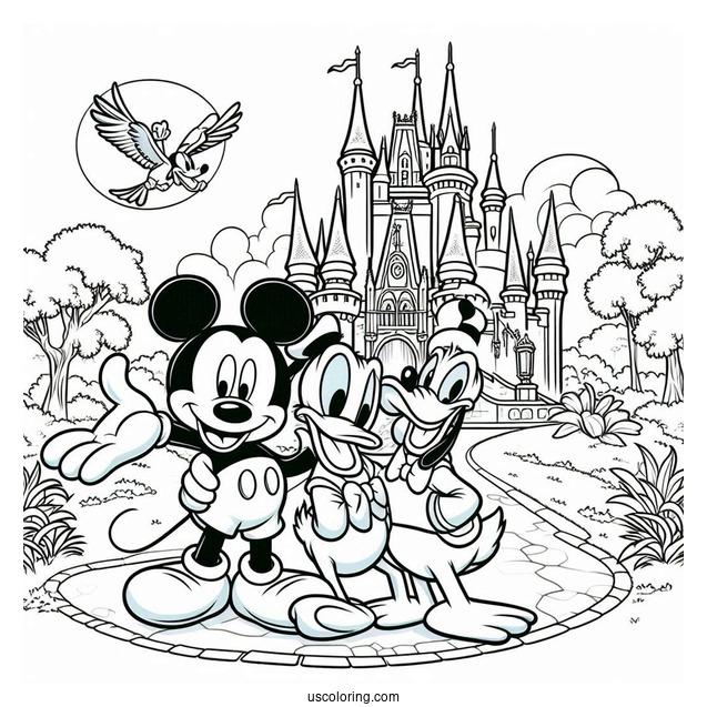 Mickey Mouse And Donald Duck With Pluto Coloring Page Outside Disney Castle