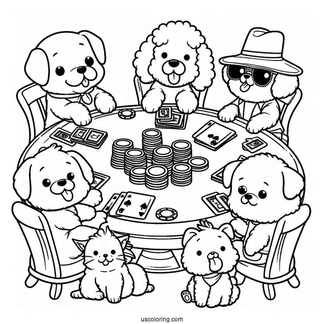 Funny Coloring Page Of Dogs Playing Poker