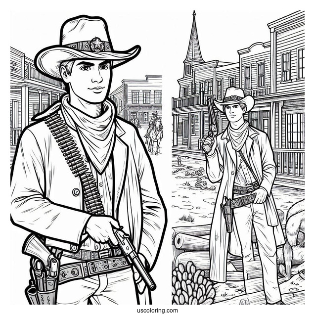 Cowboy Coloring Page Holding Gun In Old West Town