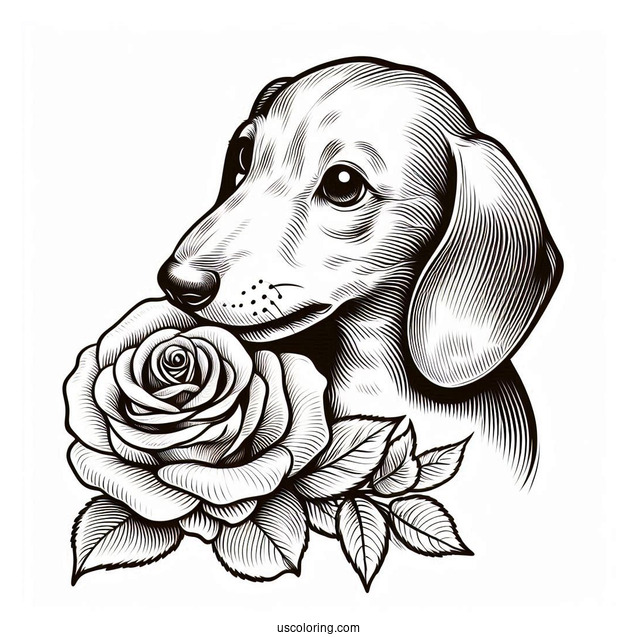 Dachshund Coloring Page Biting Down Rose