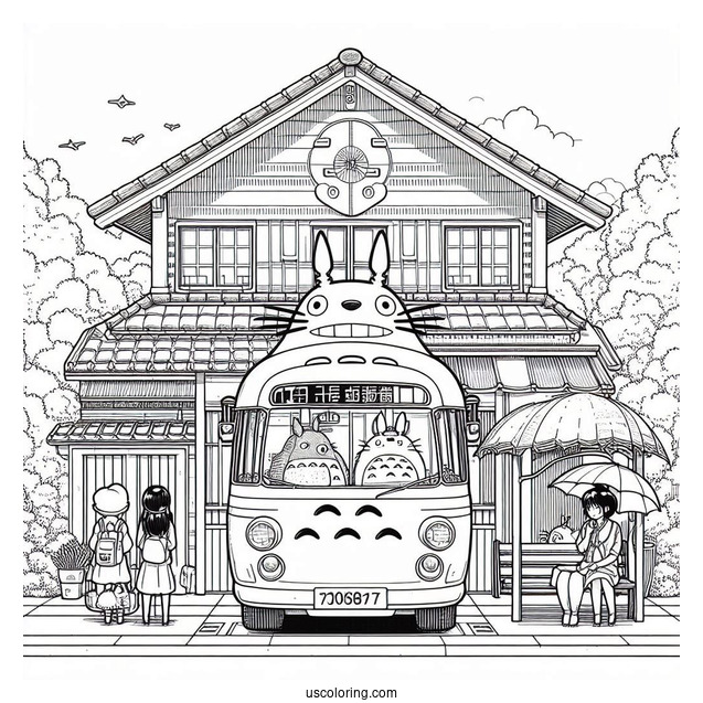 Studio Ghibli Coloring Page of Iconic My Neighbor Totoro At Bus Stop Poster