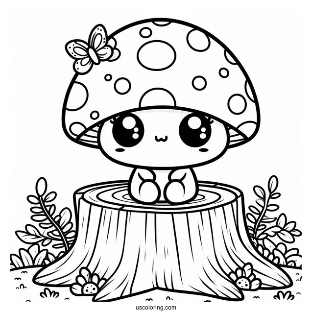 Kawaii Mushroom Coloring Page Sitting On A Tree Stump For Kids