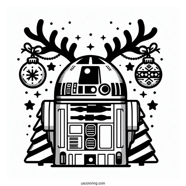 Cute R2-D2 Coloring Page With Antlers And Christmas Baubles For Kids