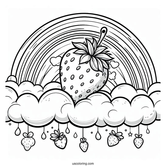 Strawberry Coloring Page On A Cloud Sliding Down A Rainbow