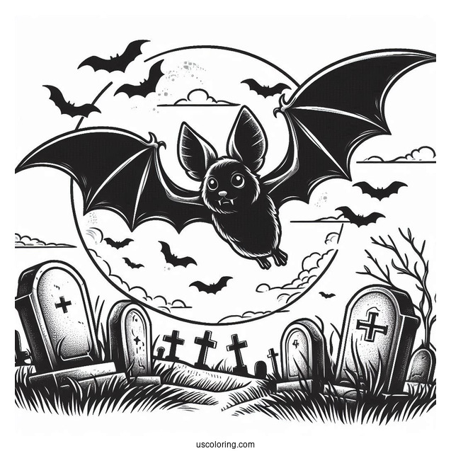 Large Bat Coloring Page Flying Over Tombstones Halloween