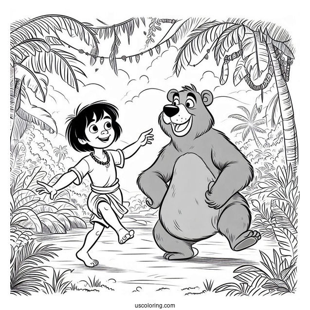 Jungle Book Coloring Page Of Mowgli And Baloo Dancing In The Jungle