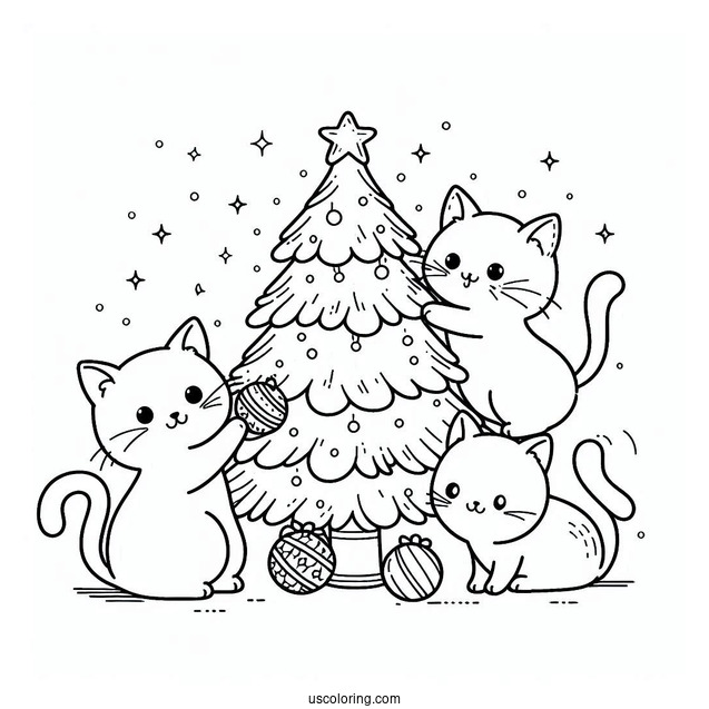 Cats Playing With Christmas Tree Coloring Sheet