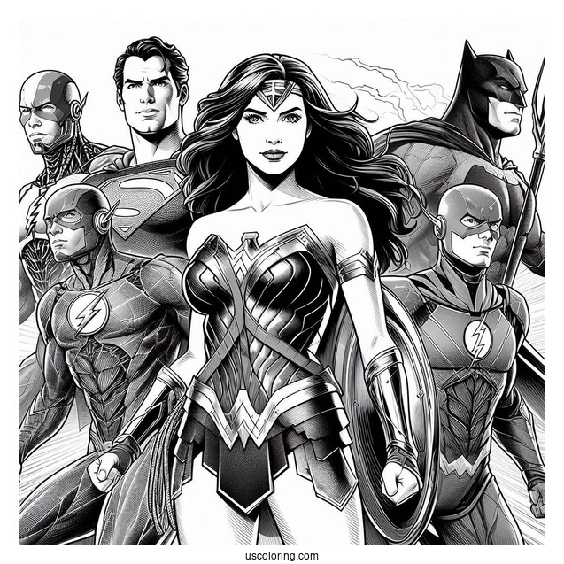 Justice League Coloring Page Of Realistic Superman, Cyborg, Wonder Woman, Aquaman, Flash, And Batman
