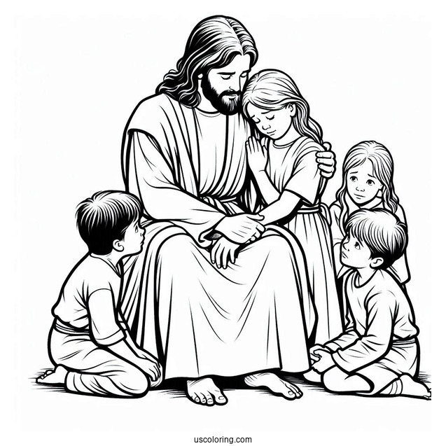 Jesus Comforting Children Coloring Sheet