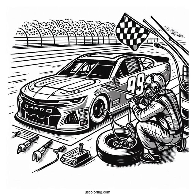 NASCAR Coloring Page Car In Pit Stop During Race