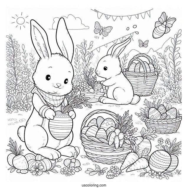 Easter Coloring Page Of Rabbits Harvesting Carrots And Easter Eggs