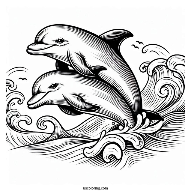 Two Dolphins Swimming In Waves