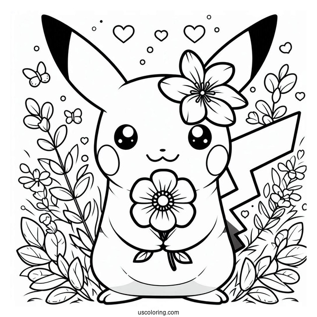 Easy PIkachu Holding A Flower In Spring Coloring Sheet For Kids