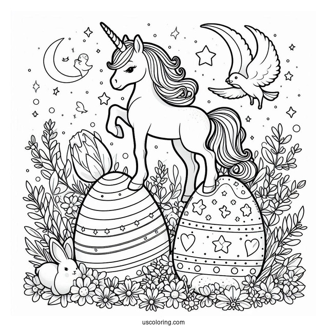 Unicorn Standing on Easter Egg Coloring Page With Stars and Bunnies v2