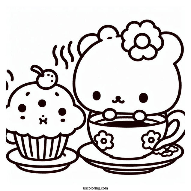 Sanrio Coloring Pages Of Pompompurin Drinking Tea With Muffin