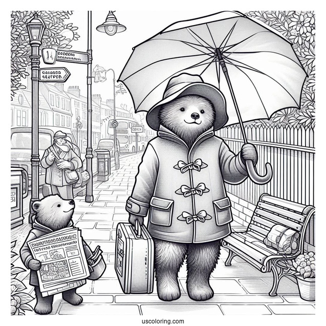 Paddington Coloring Page Carrying His Suitcase, Umbrella, And Newspapers While Walking On The Sidewalk
