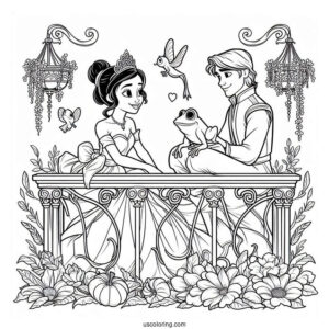 Tiana, Ray, And Frog Prince Naveen On Balcony Coloring In