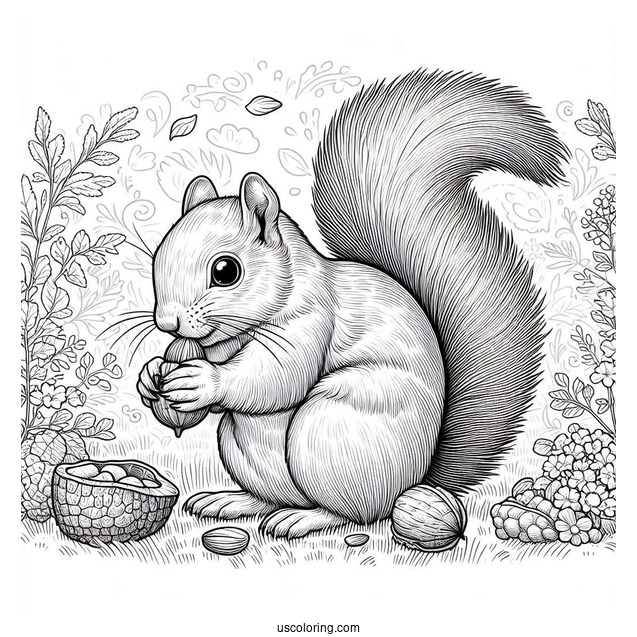 Realistic Squirrel Coloring Page Eating Nut On Field
