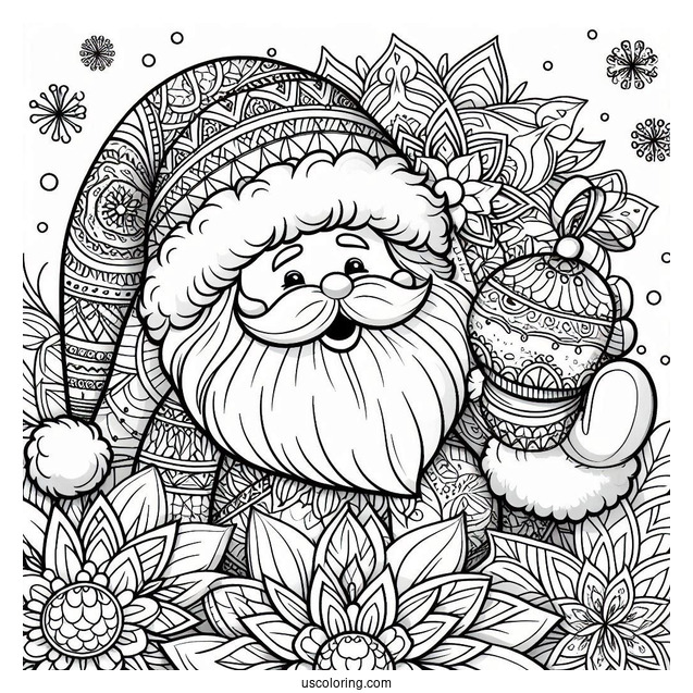 Santa Claus In Front Of A Beautiful Flower Christmas Mandala Coloring Page