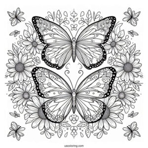 Butterfly Coloring Page On Pretty Flowers Inside A Floral Mandala