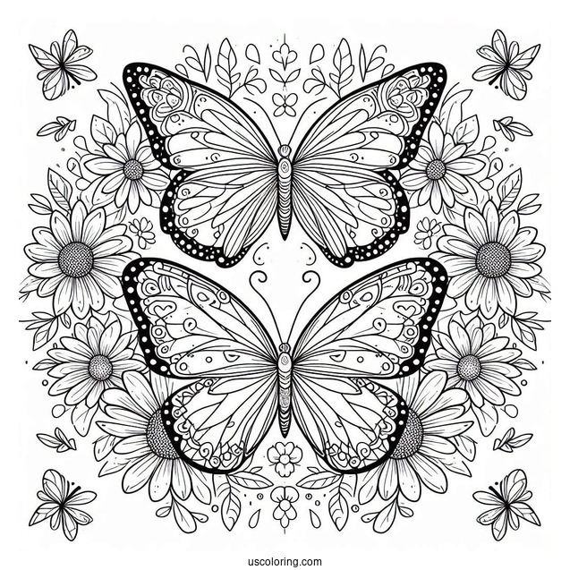 Butterfly Coloring Page On Pretty Flowers Inside A Floral Mandala