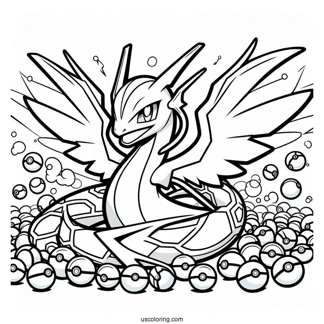 Rayquaza Coloring Page Surrounded By Pokeballs