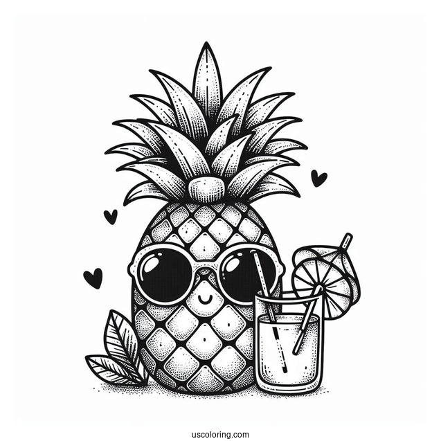 Chill Pineapple Coloring Page With Drink and Sunglasses