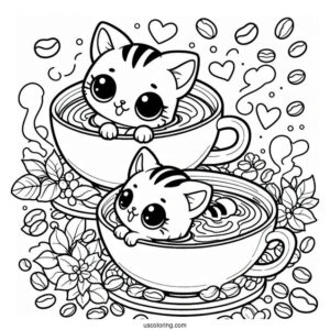 Coffee Coloring Pages Of Cute Kittens Swimming In Coffee Cup