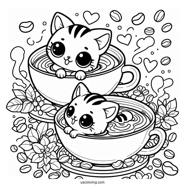 Coffee Coloring Pages Of Cute Kittens Swimming In Coffee Cup